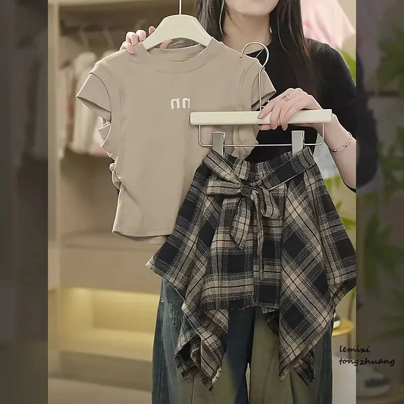 Summer Girls Clothing Set Solid Color Sleeveless T-shirt+Plaid Irregular Skirt 2Pcs Suit For 5-14 Years Teen Kids Fashion Outfit