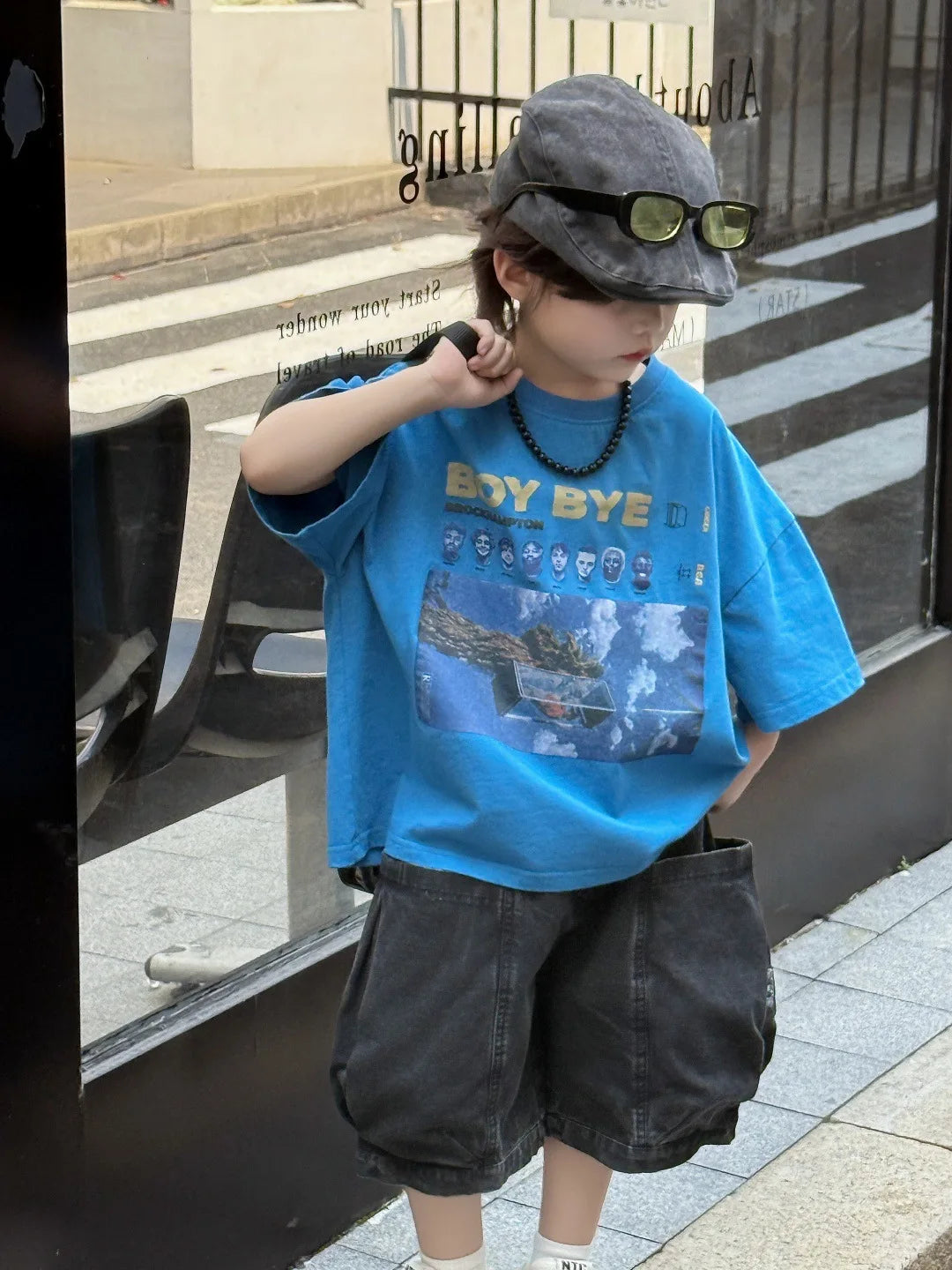Children T-shirt Summer Boys Fashion Handsome Print Blue Crewneck Short Sleeve Loose Fit Version Tops Kid Clothes Tees A52020