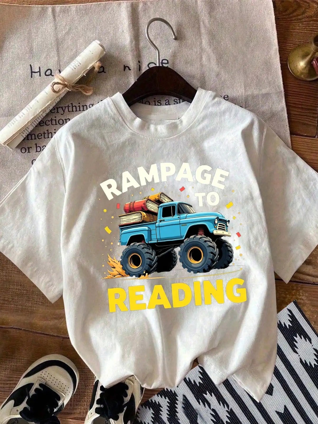 Boys/Girls Monster Truck Rampage Back To School Cotton Graphic Tees, Black Summer Tops With Bold Text And Vehicle Design