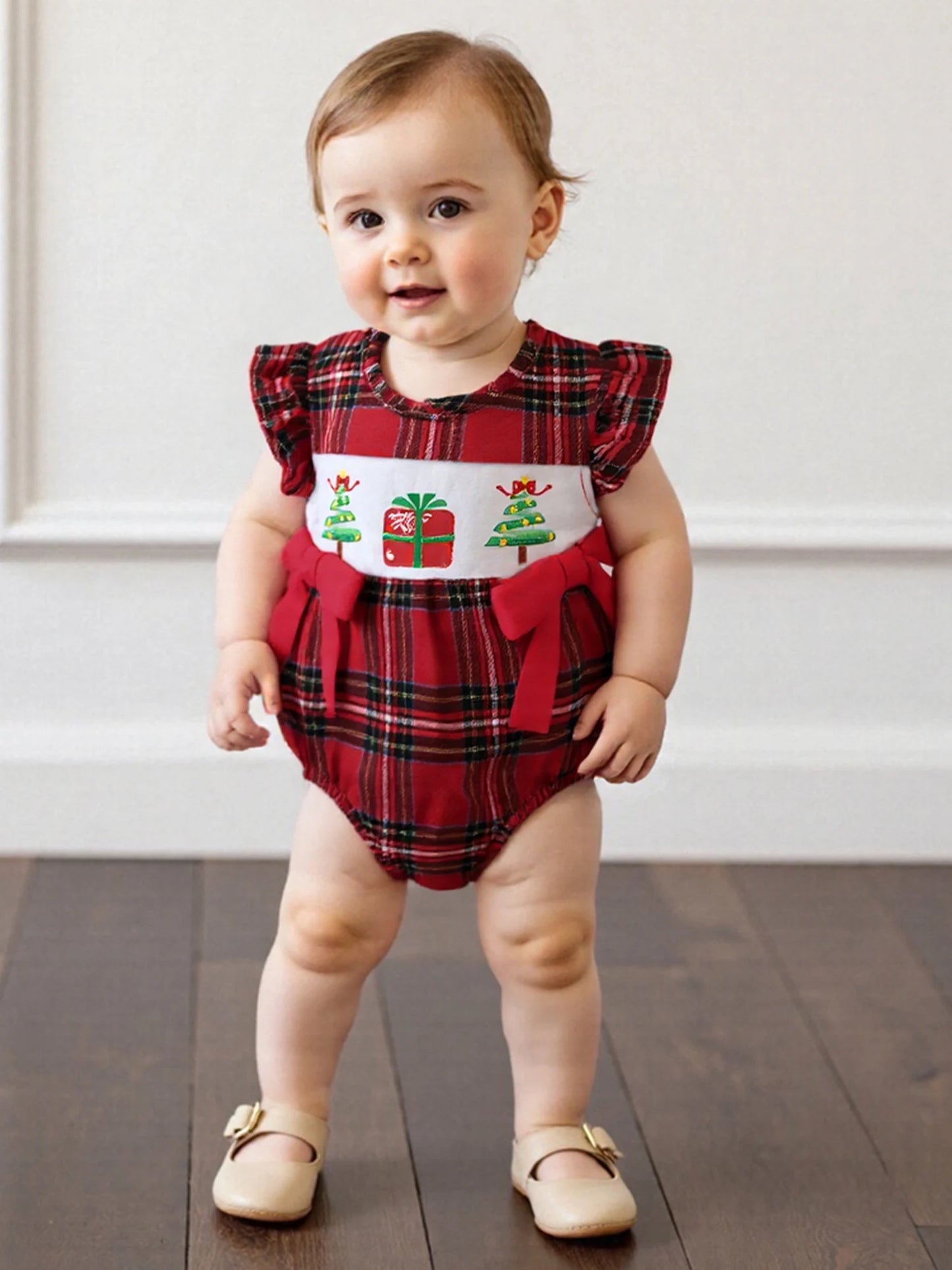 Baby Girl Summer Romper Casual Christmas Tree Embroidery Plaid Print Fly Sleeves Jumpsuit for Newborn Cute Clothes