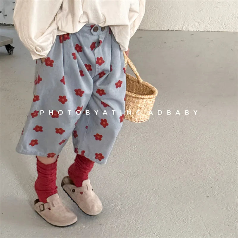 Children Girls Flower Pant Cotton Printed Loose Cropped Pant Fot Baby Girl Ins Toddler Girl Mosquito-proof Pant Kids Girl Shorts
