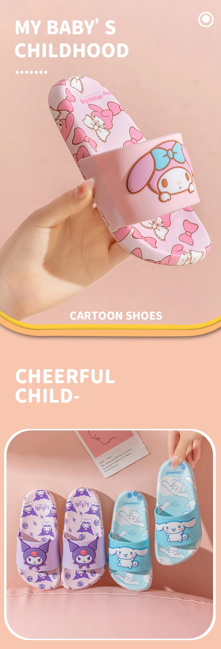 SANRIO Kuromi Cartoon Slippers Girls And Boys Indoor Non-slip Slide Shoes Outdoor Open Toe Sandals For Children Soft Comfortable