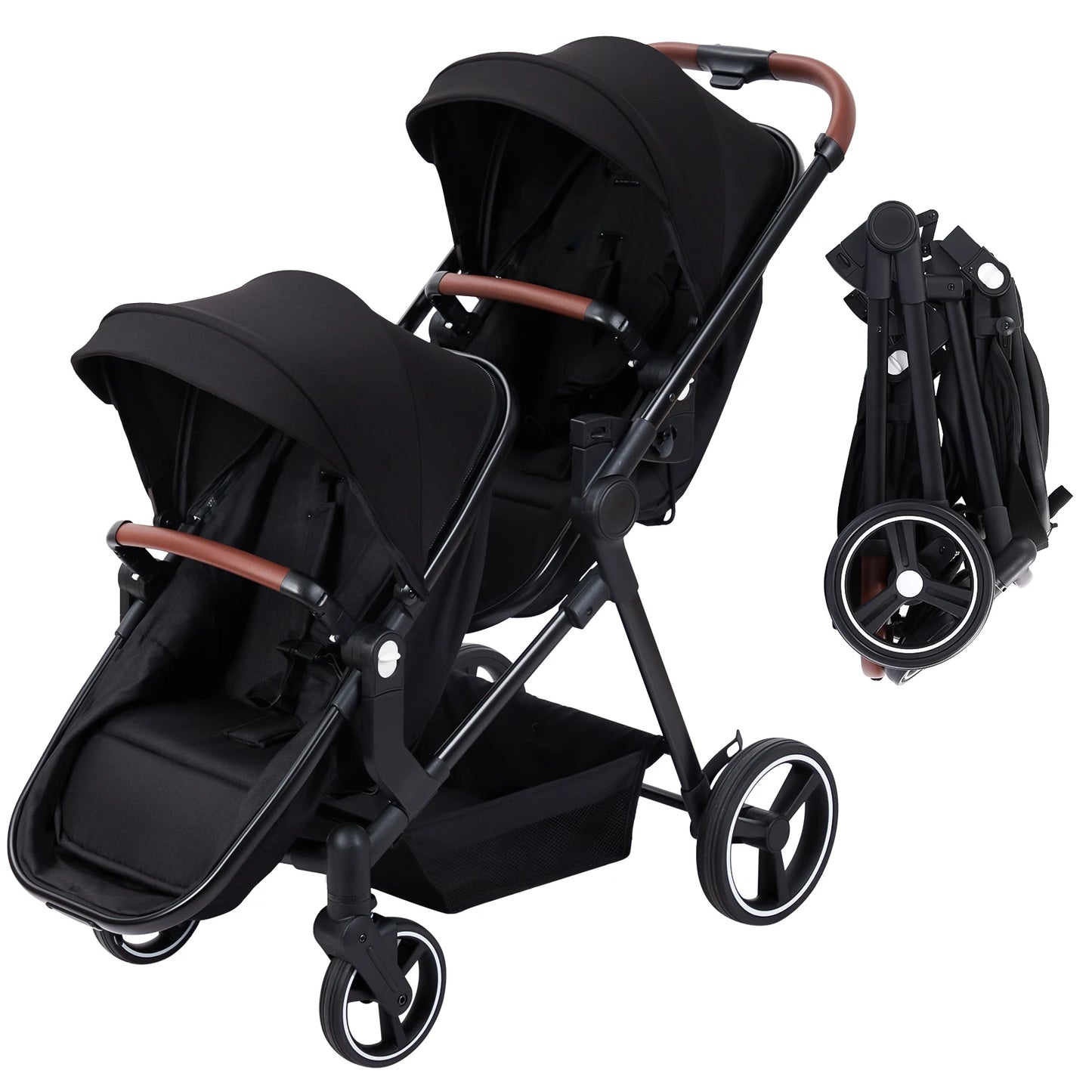 Double Stroller Track Tandem Stroller for Infant and Toddler, Foldable Pushchair Bassinet Pram, Multi-Position Reversible