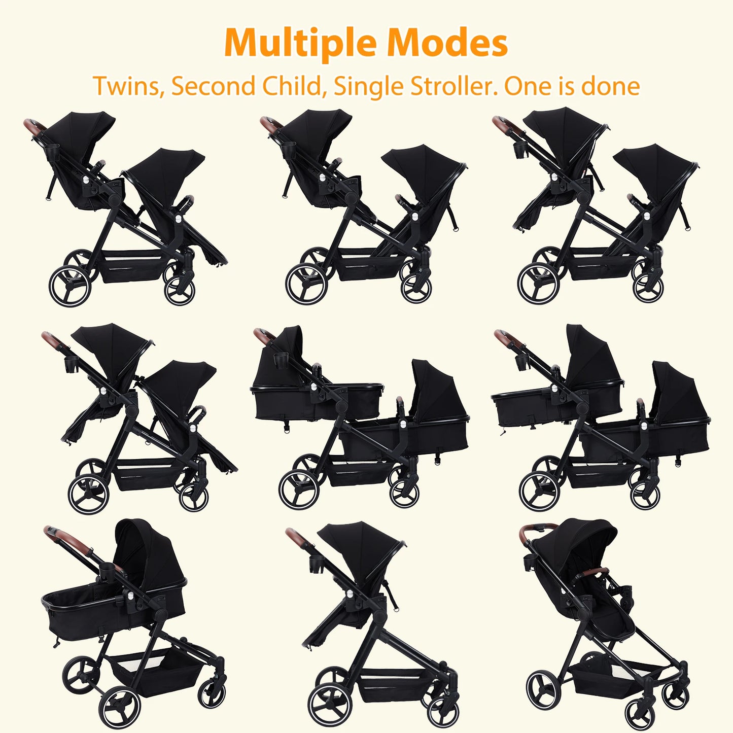 Double Stroller Track Tandem Stroller for Infant and Toddler, Foldable Pushchair Bassinet Pram, Multi-Position Reversible