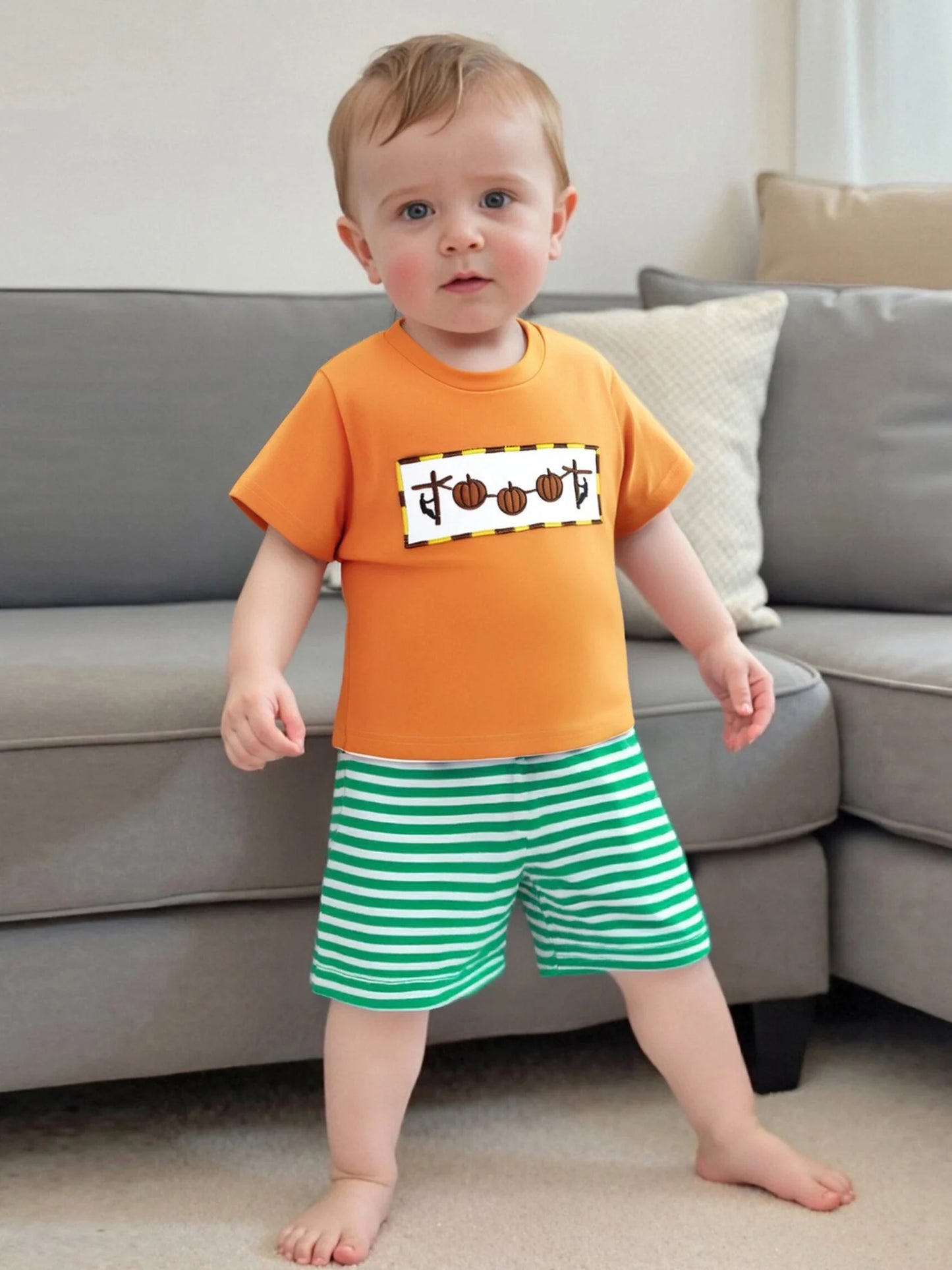 Adorable Baby Boys Summer Set with Pumpkin Embroidery T-Shirt and Striped Shorts - 2 Piece Outfit for a Stylish Look