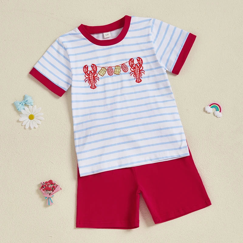 Boys Summer Outfit Set Short Sleeve Striped T-shirt with Embroidered Crayfish Design and Elastic Waist Shorts for Toddlers
