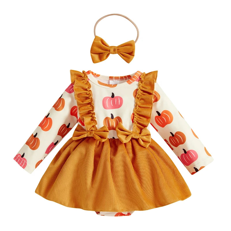 Toddler Girls Halloween Costume Dress with Pumpkin Print Romper Flying Sleeves O Neck and Matching Headband for a Spooky Look