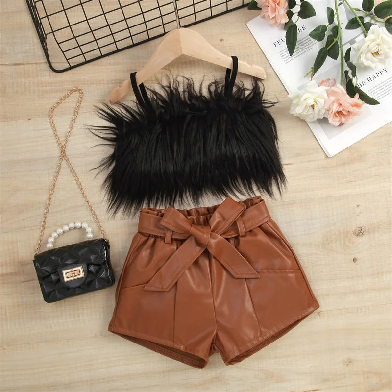 Listenwind 2-7Y Kids Children Girls Clothes Set Vest Tops Pu Leather Bow Shorts Summer Outfits