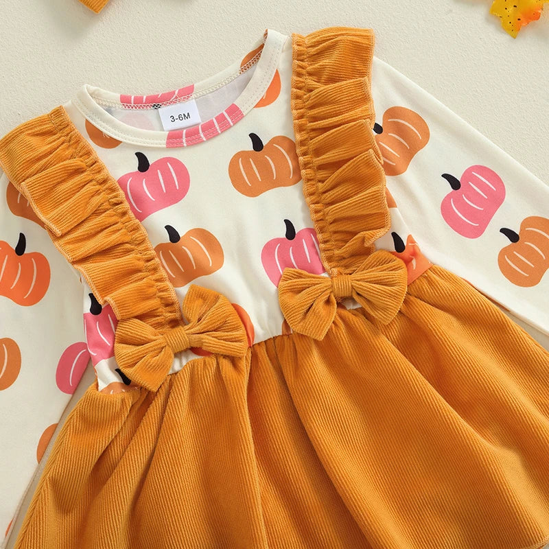 Toddler Girls Halloween Costume Dress with Pumpkin Print Romper Flying Sleeves O Neck and Matching Headband for a Spooky Look
