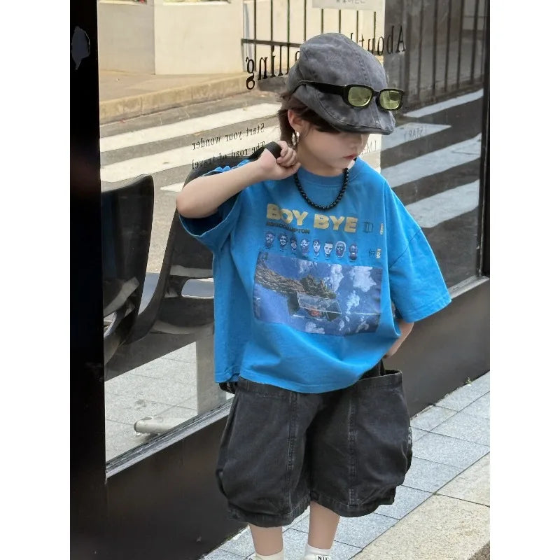 Children T-shirt Summer Boys Fashion Handsome Print Blue Crewneck Short Sleeve Loose Fit Version Tops Kid Clothes Tees A52020