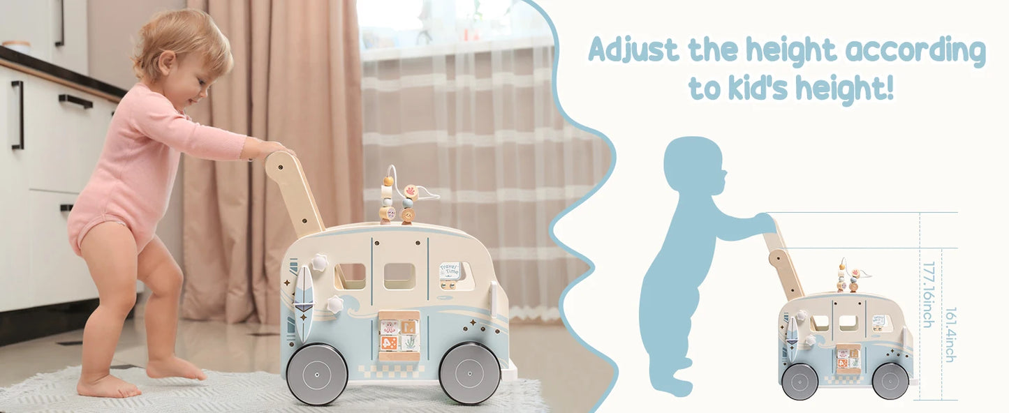 Robotime Robud Wooden Baby Walker Baby Push Along Activity Walkers with Wheels Multifunctional Baby Walker Gift for Boy Grils