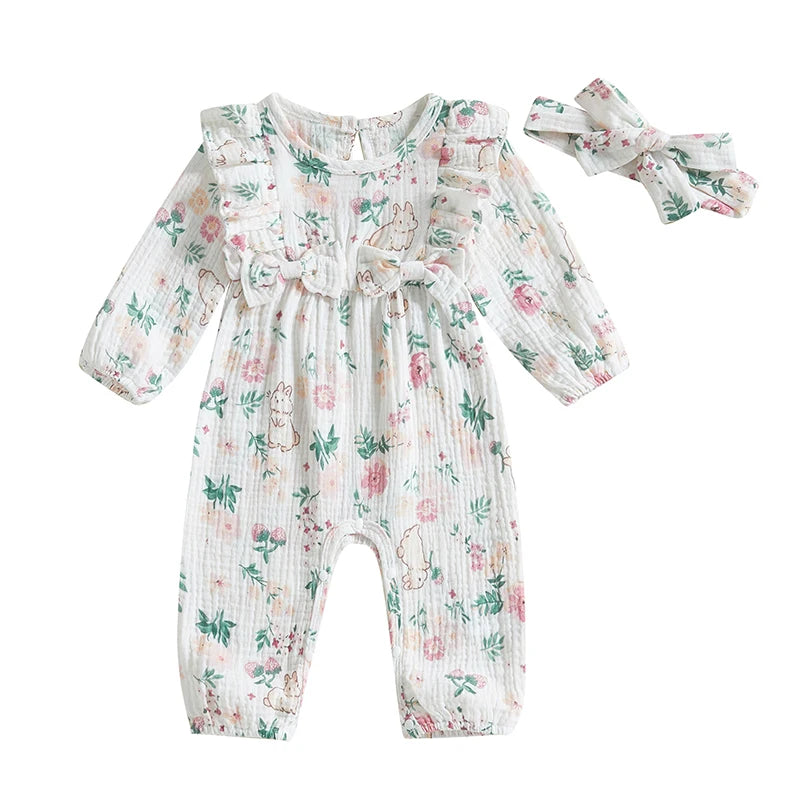 Adorable Baby Girls Easter Romper with Bunny Print Ruffled Long Sleeve Jumpsuit and Matching Headband Set for Toddler