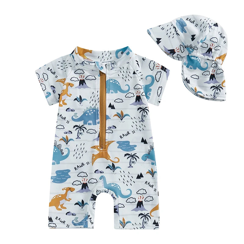 Baby Girl Long Sleeve Swimsuit Mermaid Print Full Zipper Anti-UV Rash Guard Swimwear Sunhat Set with Ruffles