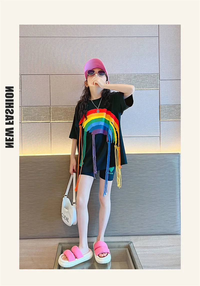 Girls T-shirt Summer Teenagers Short Sleeve Tops Tees Sport Kids School Costume Children Long Clothes 4-12 Years Old