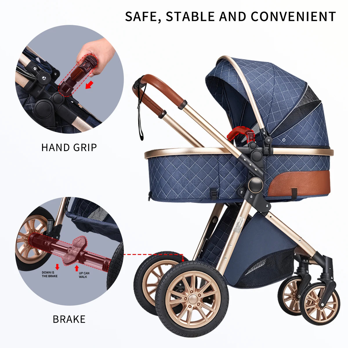 Foldable baby stroller with shock absorption function, an outdoor stroller that can be pushed in both directions
