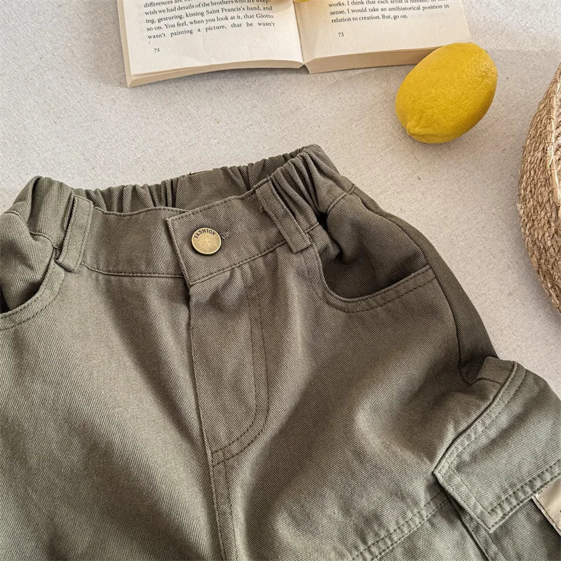 2025 Spring New Children Cargo Pants Cotton Boys Casual Pants Solid Versatile Baby Girls Loose Trousers Kids Wide Leg Pants