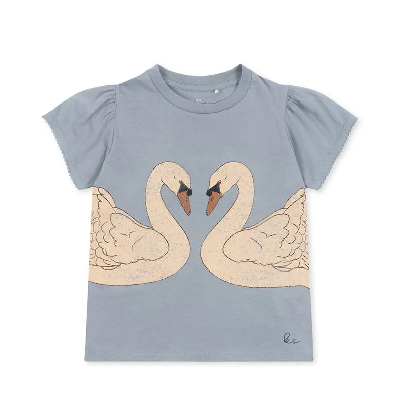 2025 Summer KS Children's Clothing Baby Girls Cartoon Swan Short Sleeve T Shirts Suits Boys Gorilla Bottom T-shirt Kids Home Set