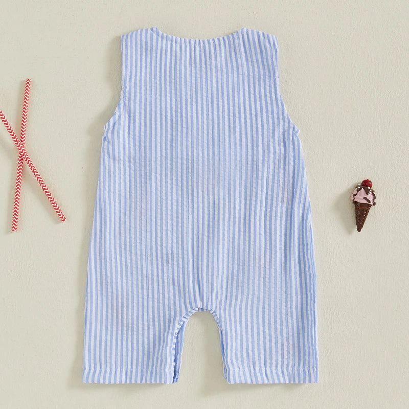 Toddler Girls 4th of July Romper Sleeveless Round Neck Popsicle Print Striped Jumpsuit with Embroidered Letters