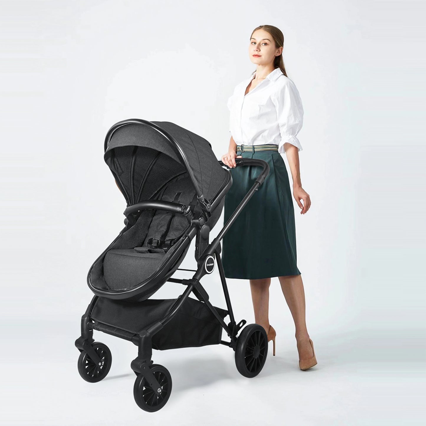 2-in-1 Baby Stroller,Folding High Landscape Pram Pushchair, Adjustable Handler, Extra Storage, Spacious Seat, Removable Footmuff