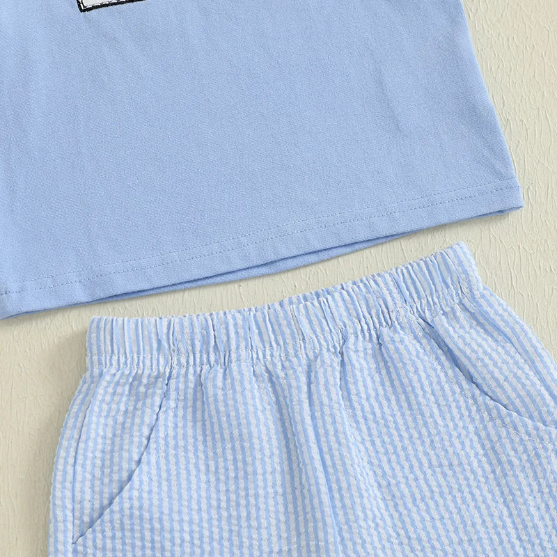Boys Summer Outfit Set with Short Sleeve Ocean Animal Embroidered Top and Striped Shorts - Cute and Comfy Summer Wear