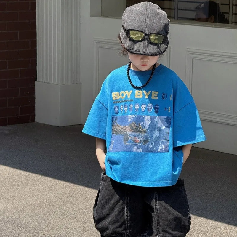Children T-shirt Summer Boys Fashion Handsome Print Blue Crewneck Short Sleeve Loose Fit Version Tops Kid Clothes Tees A52020