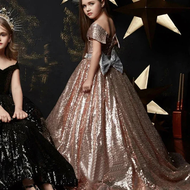Luxury Formal Evening Dresses for Flower Girl Dress Kids Birthday Party Elegant Sequins Gown Fluffy Long Pageant Prom Ball Gown