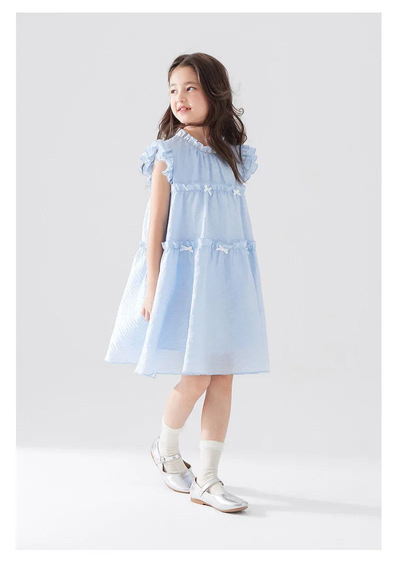 Girls Summer Dress Sweet Flying Sleeve Bow Lace Ruched Kids Girls Princess Dress Thin Cotton Cool Children Girls Dress