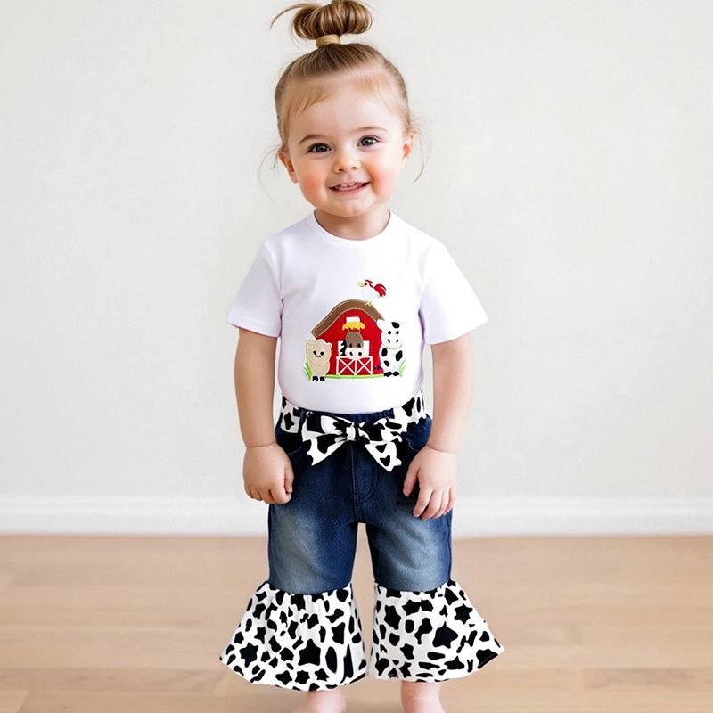 Adorable Baby Girl Farm Clothes Set with Cute Piglet Embroidery Top Denim Patchwork Pants and Matching Headband - 3 Piece
