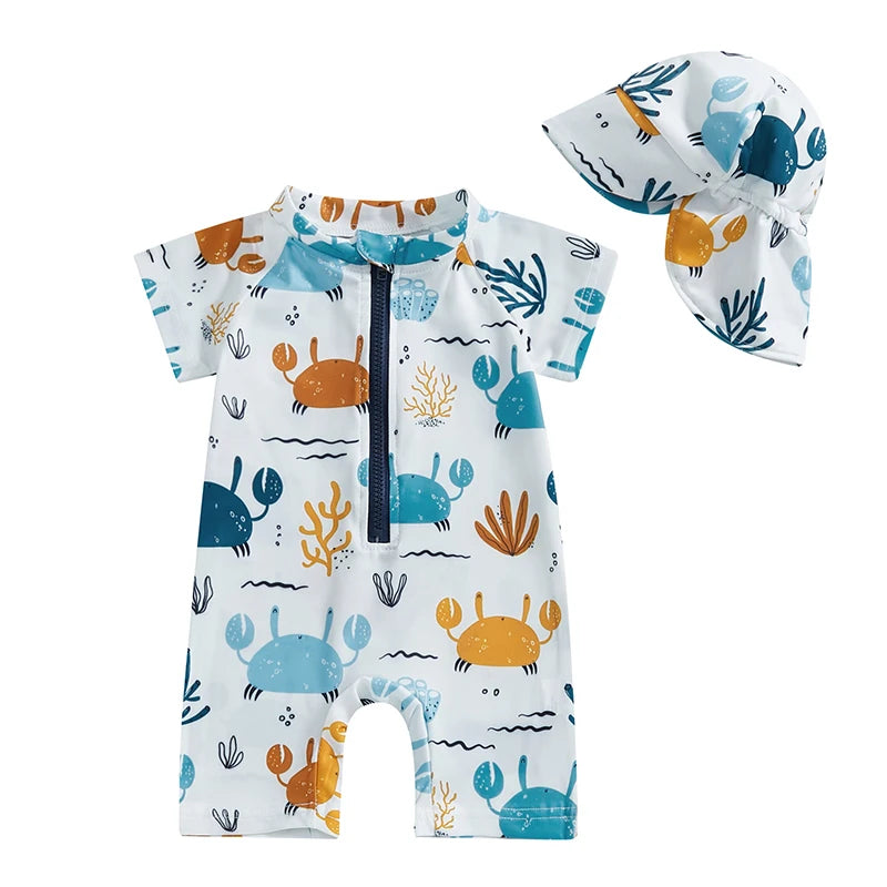 Baby Girl Long Sleeve Swimsuit Mermaid Print Full Zipper Anti-UV Rash Guard Swimwear Sunhat Set with Ruffles