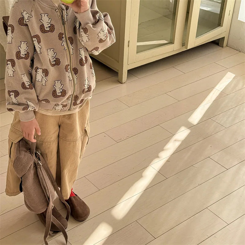 2025 Spring New Children Cargo Pants Cotton Boys Casual Pants Solid Versatile Baby Girls Loose Trousers Kids Wide Leg Pants
