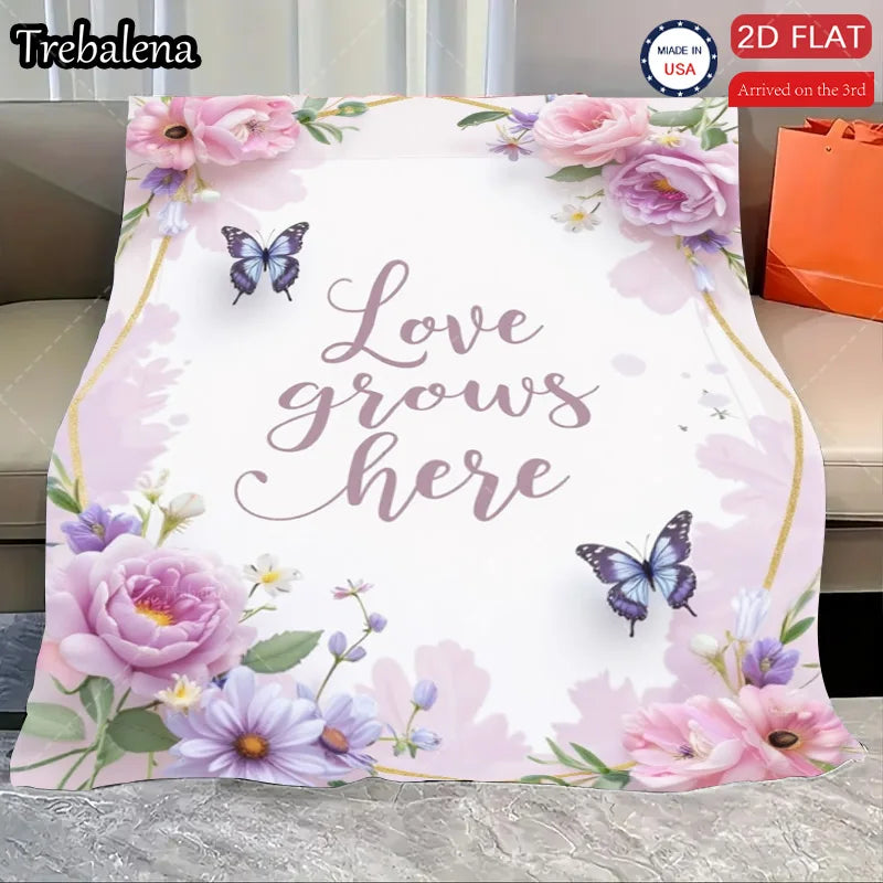 Flannel Blanket-Soft Lightweight All-season Floral Butterfly Baby Blanket Soft Cozy Love Grows Here Design