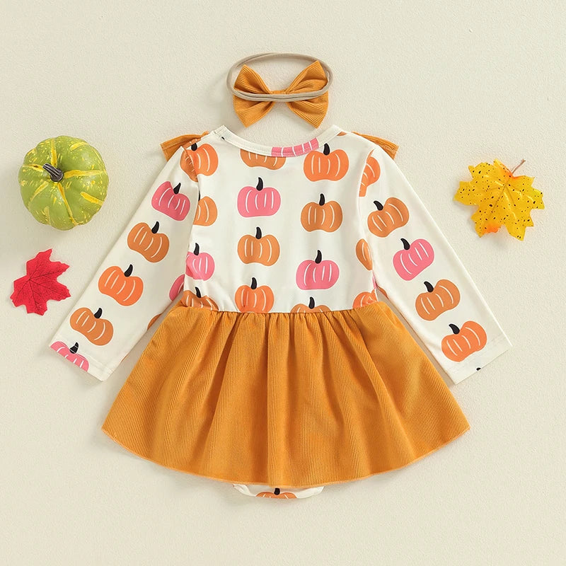 Toddler Girls Halloween Costume Dress with Pumpkin Print Romper Flying Sleeves O Neck and Matching Headband for a Spooky Look