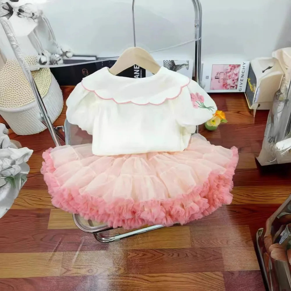 Bear Leader Summer Sweet and Cute Girl's Clothing Embroidered Flower Doll Collar Short Sleeve Top+Mesh Puff Skirt Two Piece Set