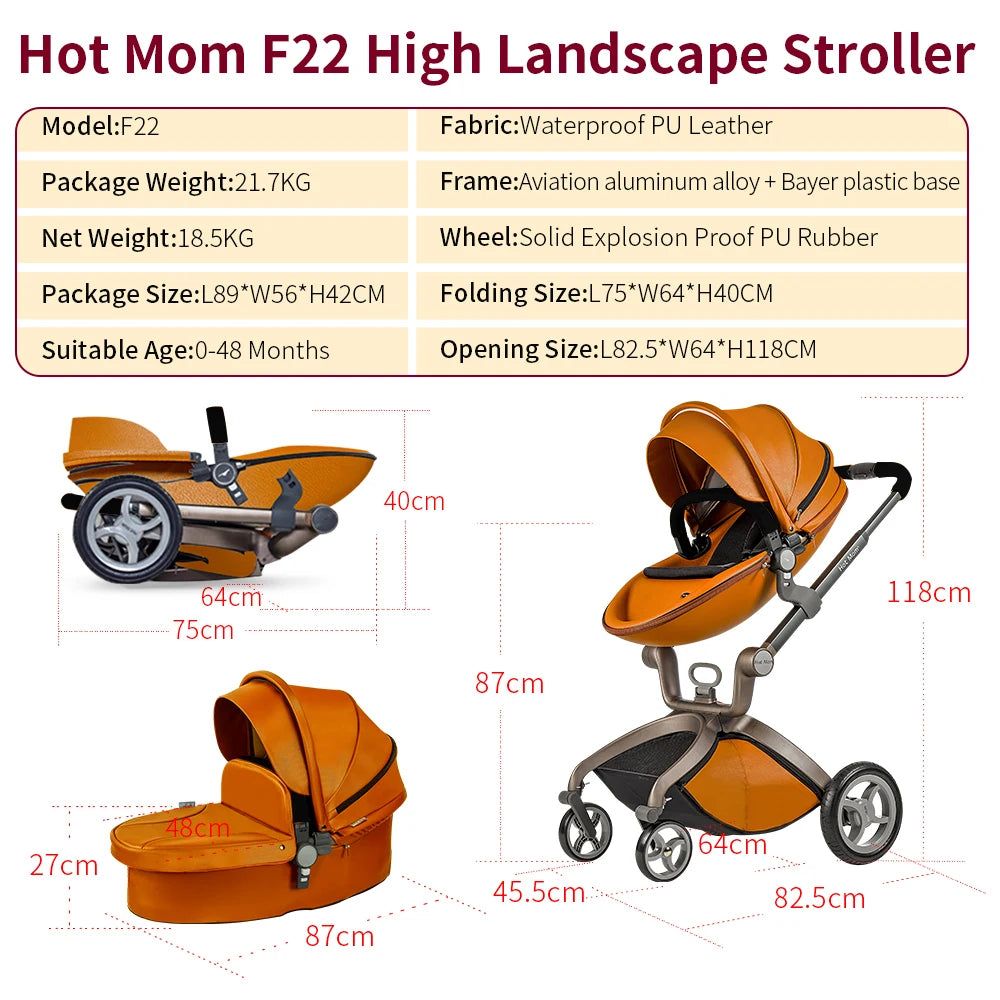 Hot Mom F22 baby stroller 3in1 ,adjustable seat,aluminum frame,solid rubber tires,rain cover,mosquito net,large storage basket