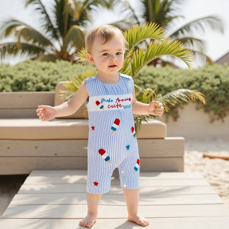Toddler Girls 4th of July Romper Sleeveless Round Neck Popsicle Print Striped Jumpsuit with Embroidered Letters