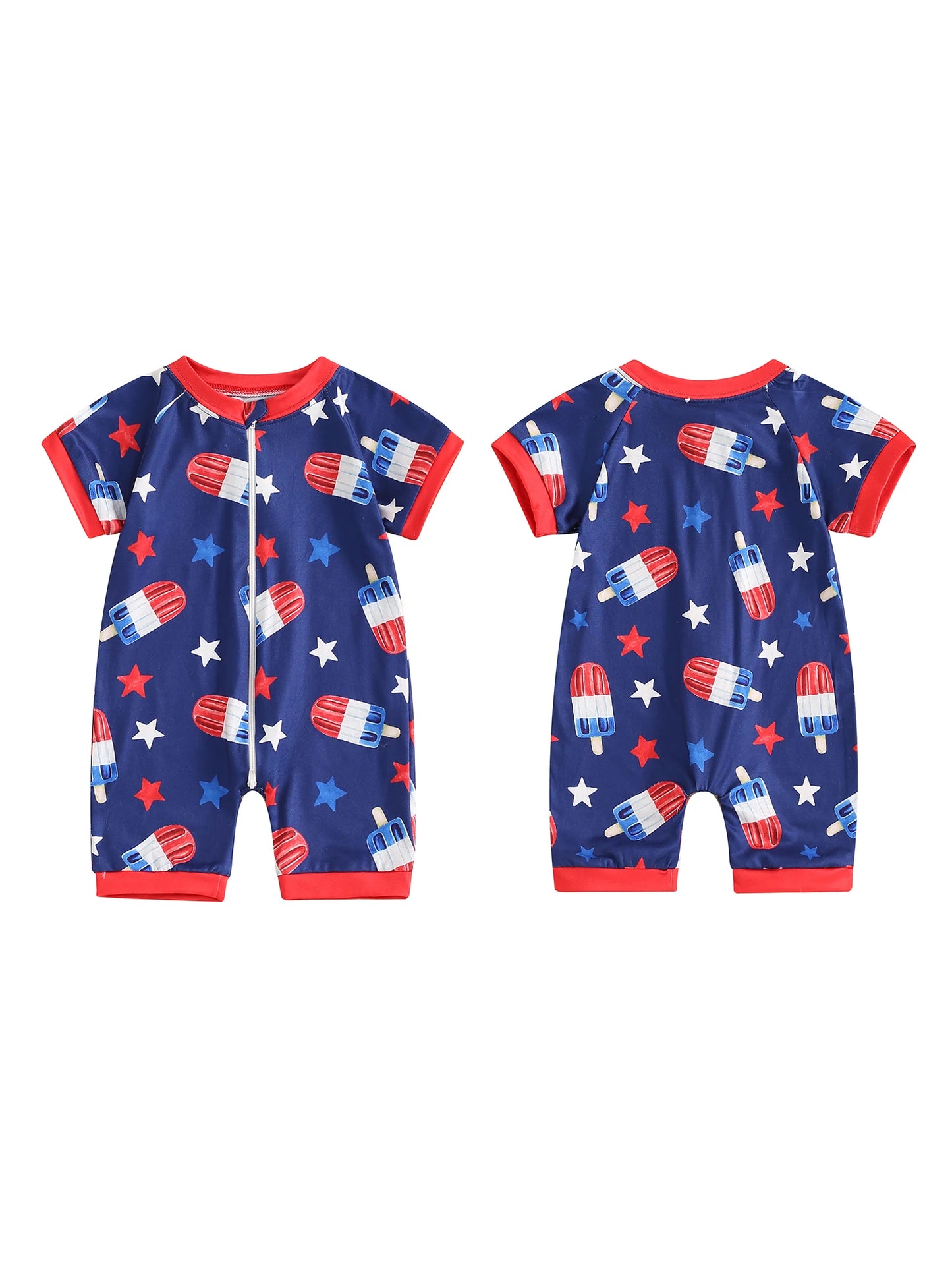 Independence Day Infant Boys Romper American Flag Print Short Sleeve Bodysuit Front Zipper Patriotic Jumpsuit Summer Outfit