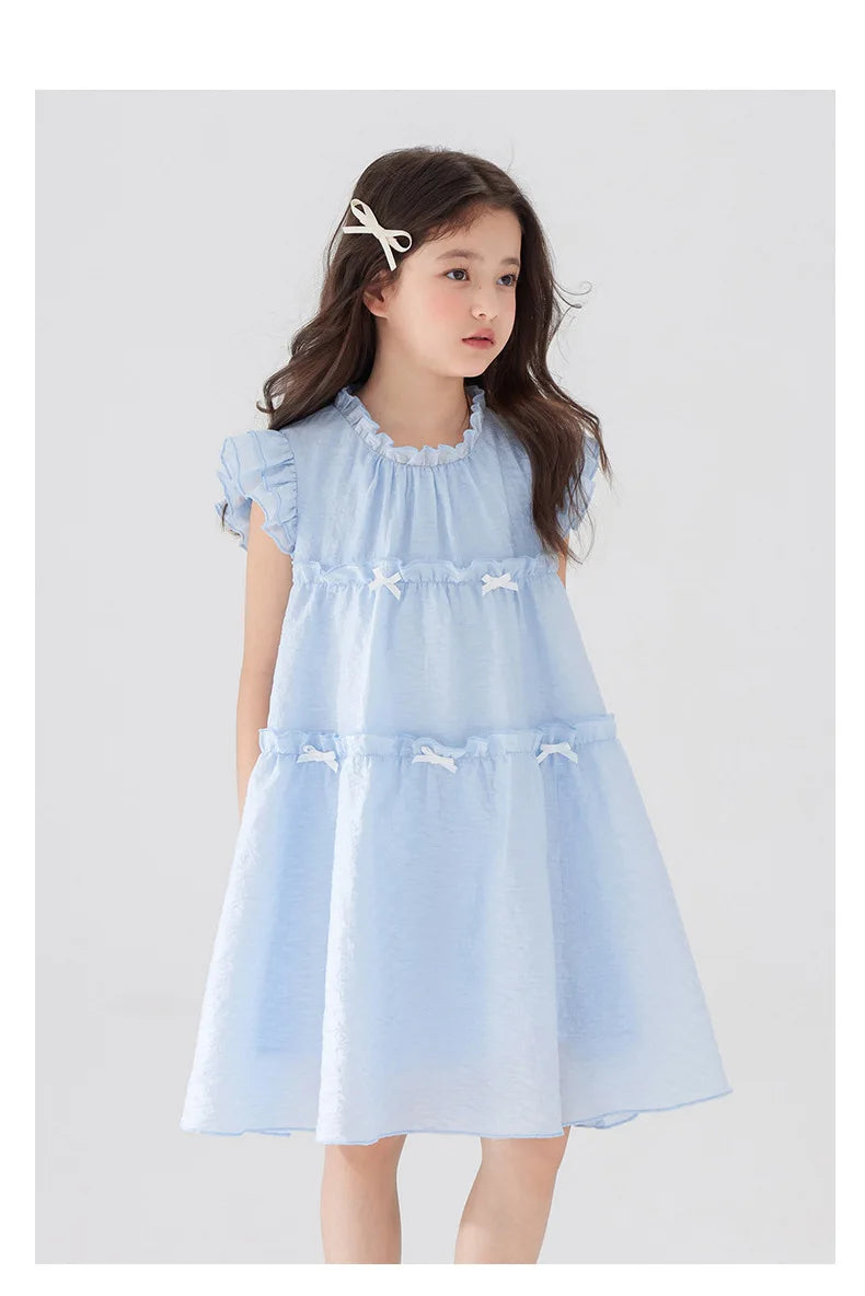 Girls Summer Dress Sweet Flying Sleeve Bow Lace Ruched Kids Girls Princess Dress Thin Cotton Cool Children Girls Dress