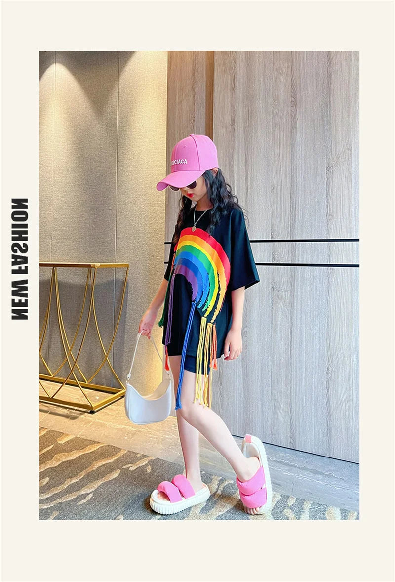 Girls T-shirt Summer Teenagers Short Sleeve Tops Tees Sport Kids School Costume Children Long Clothes 4-12 Years Old