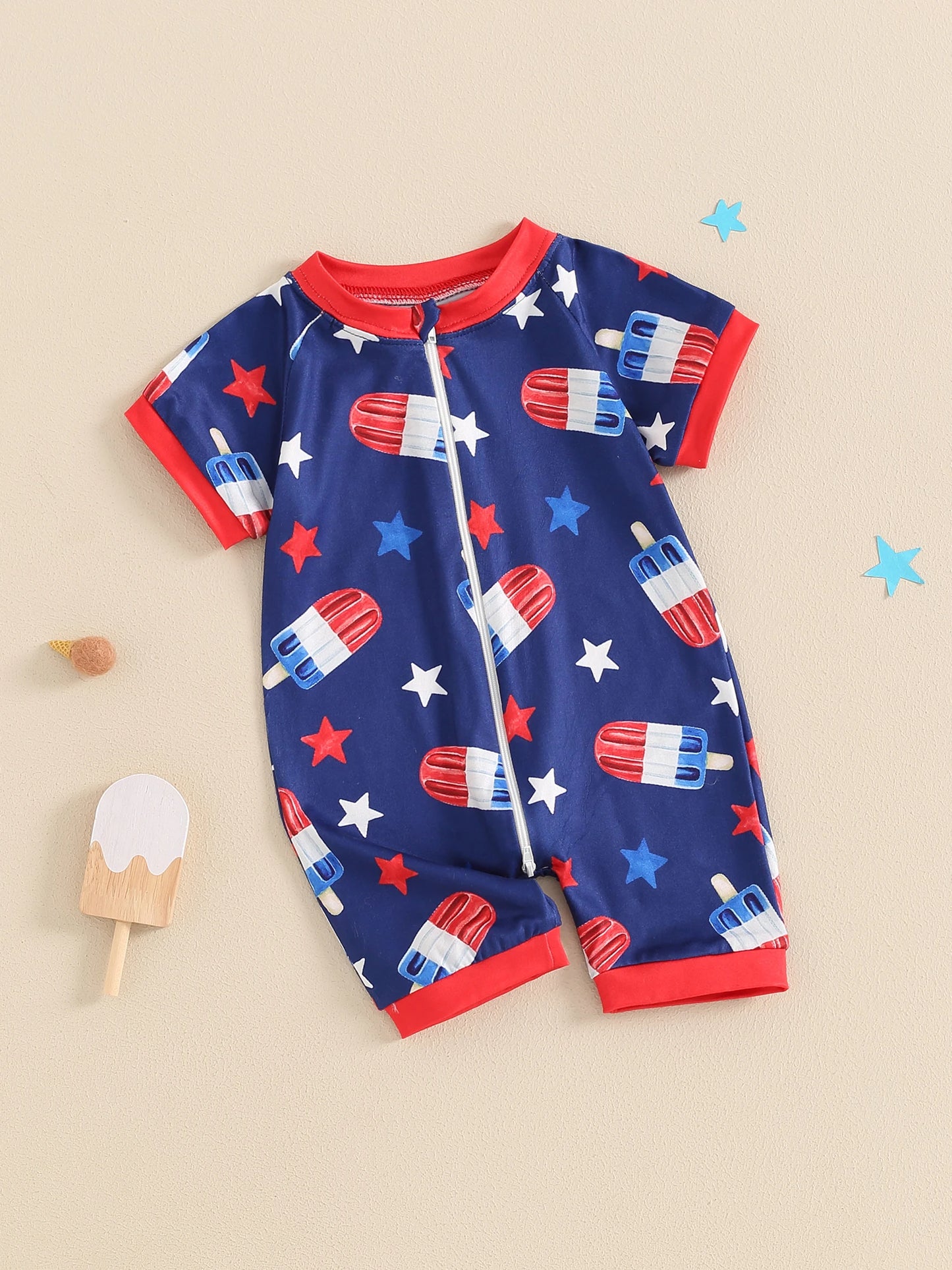Independence Day Infant Boys Romper American Flag Print Short Sleeve Bodysuit Front Zipper Patriotic Jumpsuit Summer Outfit