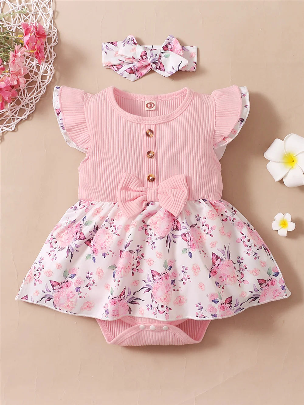 0-18 Months Baby Girl Floral Romper Dress Fly Sleeve Summer Ribbed Jumpsuit with Headband Newborn Baby Girl 2PCS Outfit