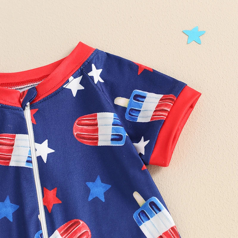 Independence Day Infant Boys Romper American Flag Print Short Sleeve Bodysuit Front Zipper Patriotic Jumpsuit Summer Outfit