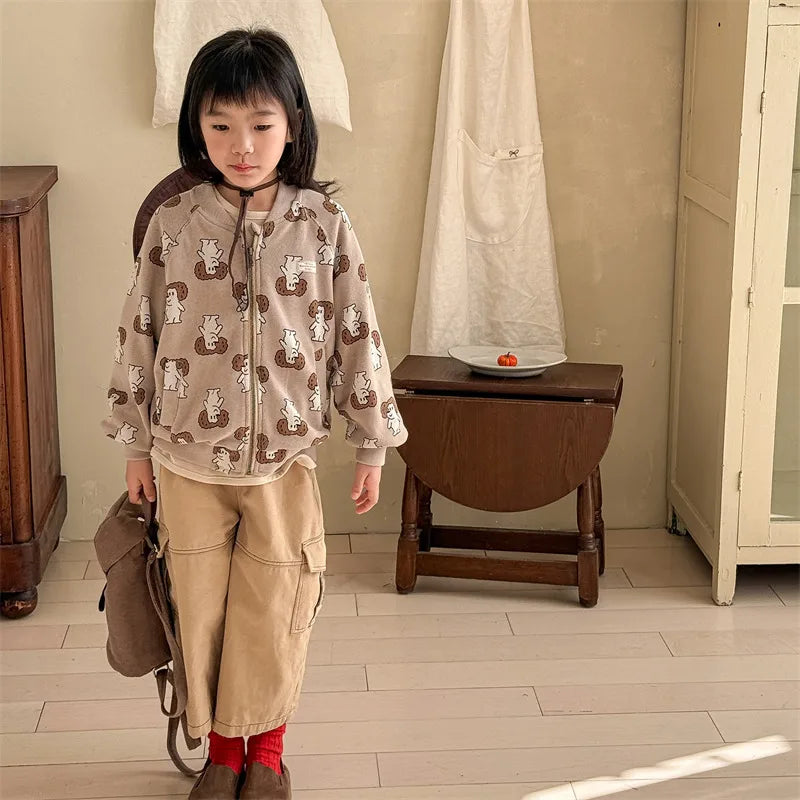 2025 Spring New Children Cargo Pants Cotton Boys Casual Pants Solid Versatile Baby Girls Loose Trousers Kids Wide Leg Pants