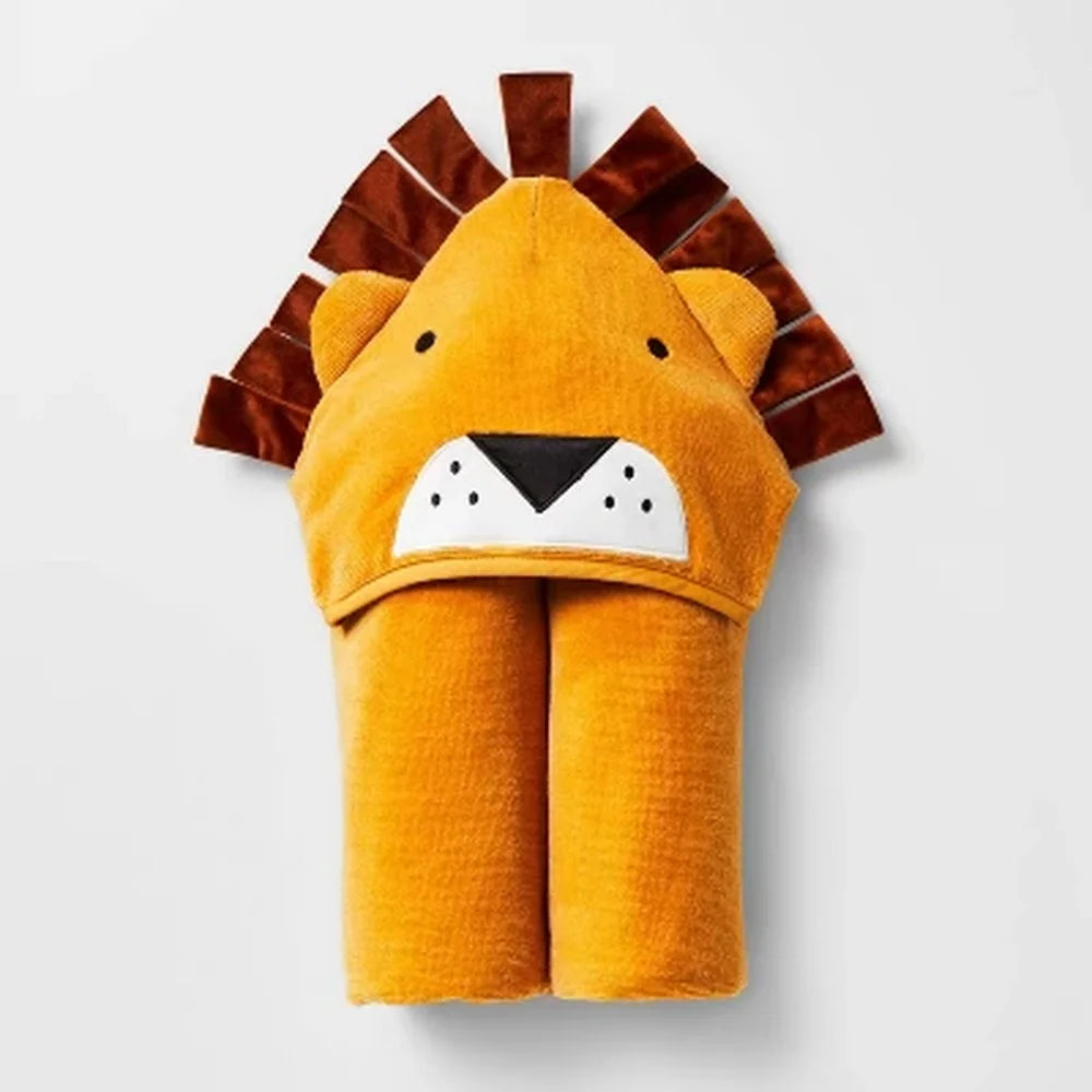 Hooded Lion Kids Bath Towel 100% Cotton Velour Lightweight Soft Baby Towel with Fun Animal Design Easy Hanging Machine Washable