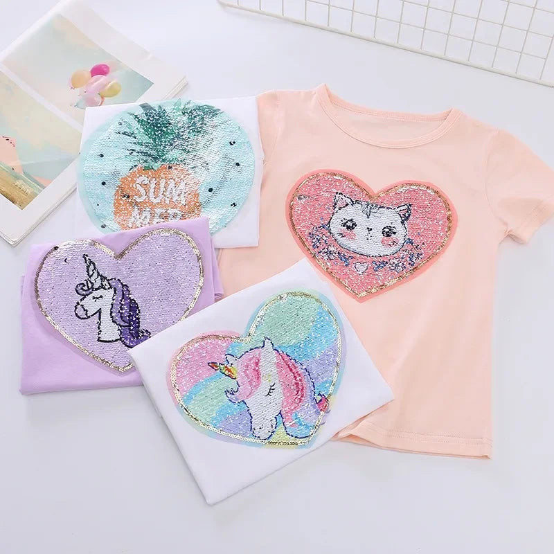 2025 New Unicorn Kids T-shirt Short sleeves Children Cotton Summer Baby Girls Tee Party Princess Girl Clothes Costumes 3-8Y