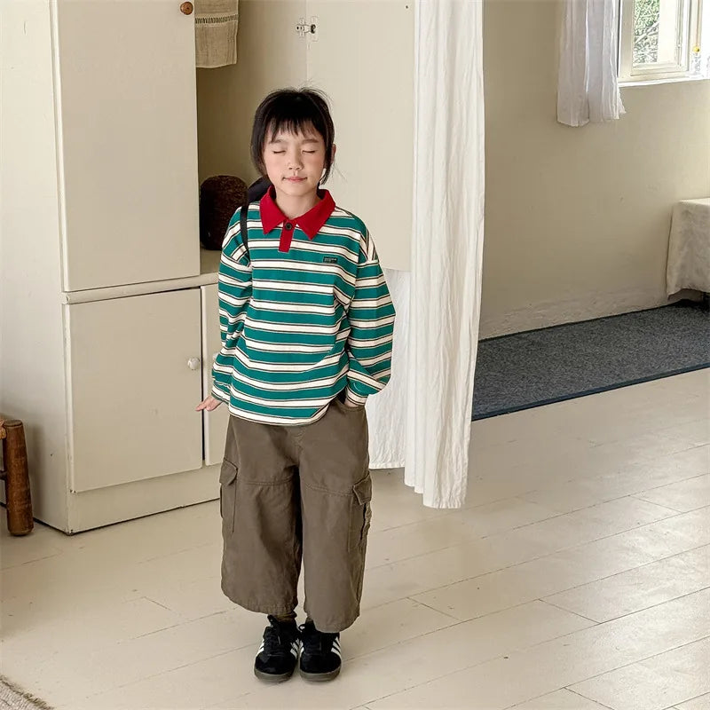 2025 Spring New Children Cargo Pants Cotton Boys Casual Pants Solid Versatile Baby Girls Loose Trousers Kids Wide Leg Pants