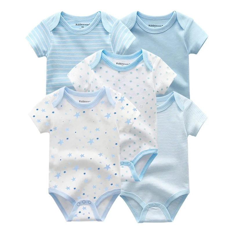 Kiddiezoom 5 Piece Fashion Cartoon Boys and Girls Bodysuits 100% Cotton Soft Newborn Bodysuit Set Summer