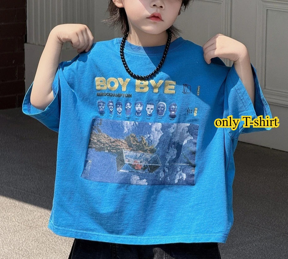 Children T-shirt Summer Boys Fashion Handsome Print Blue Crewneck Short Sleeve Loose Fit Version Tops Kid Clothes Tees A52020