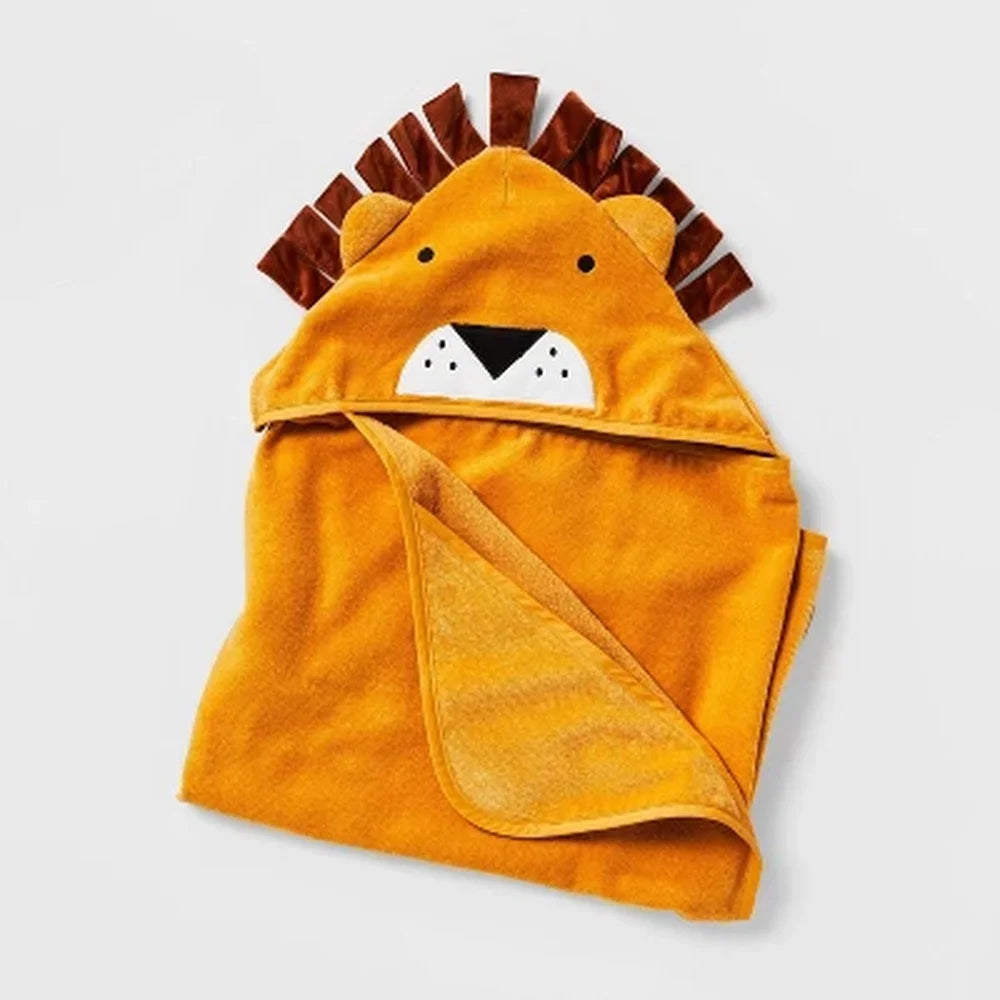 Hooded Lion Kids Bath Towel 100% Cotton Velour Lightweight Soft Baby Towel with Fun Animal Design Easy Hanging Machine Washable