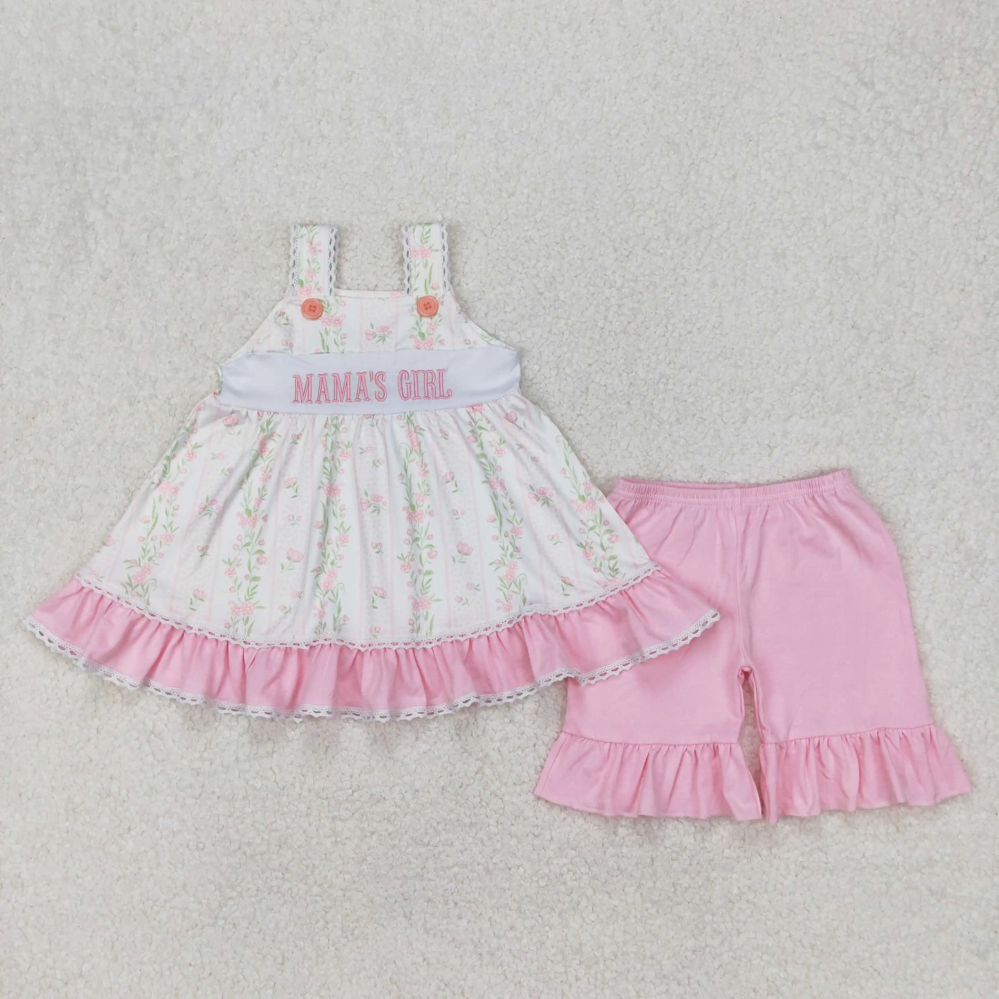 3.20 y NEW stock Baby Girls Summer Clothing Wholesale Boutique Embroidery MAMA'S GIRL Flower Pattern Pink Shorts set