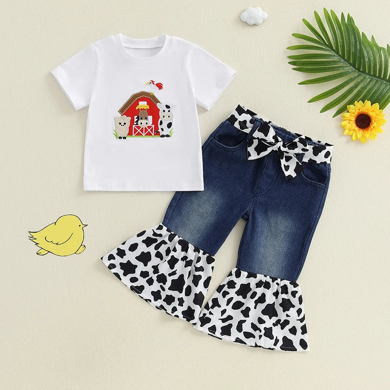 Adorable Baby Girl Farm Clothes Set with Cute Piglet Embroidery Top Denim Patchwork Pants and Matching Headband - 3 Piece